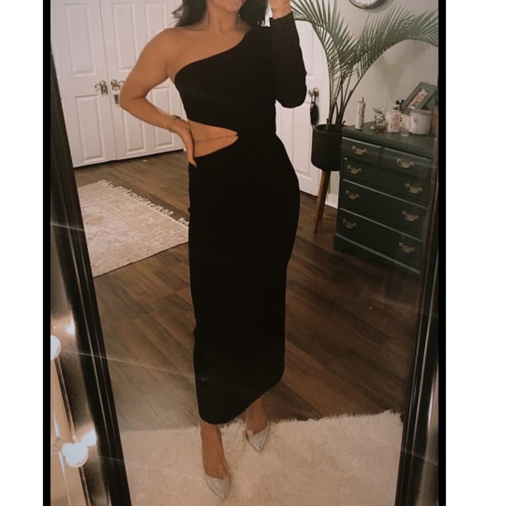 Zara Black One Shoulder Bodycon Midi Dress Cutout Chain Detail Womens